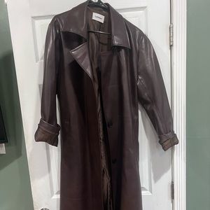brown faux leather trench coat // M
